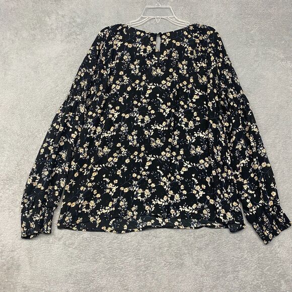 ana Top Womens 2XL Black Beige Floral Smocked Flowy Popover Lightweight Shirt - Picture 8 of 10